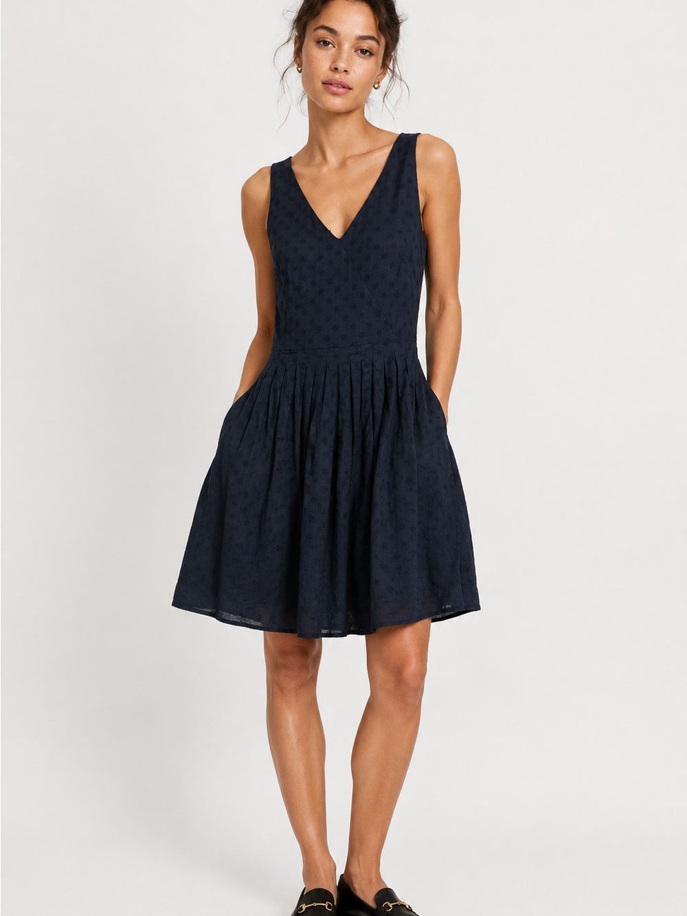 J. Crew Black V-Neck Sleeveless Pleated Fit & Flare Dress w/ Pockets Sz XS